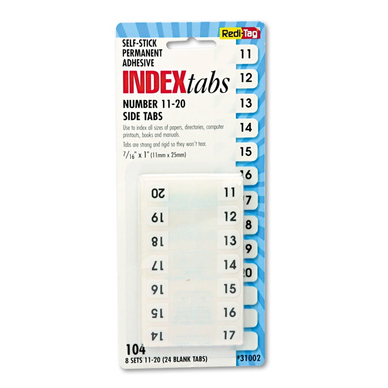 Redi-Tag Numbered Tabs  11-20 Pre-Printed Divider Tabs  Permanent Adhesive Index Labels  7/16"" x 1""  104 Tabs Per Pack  (B31002) - Image 1